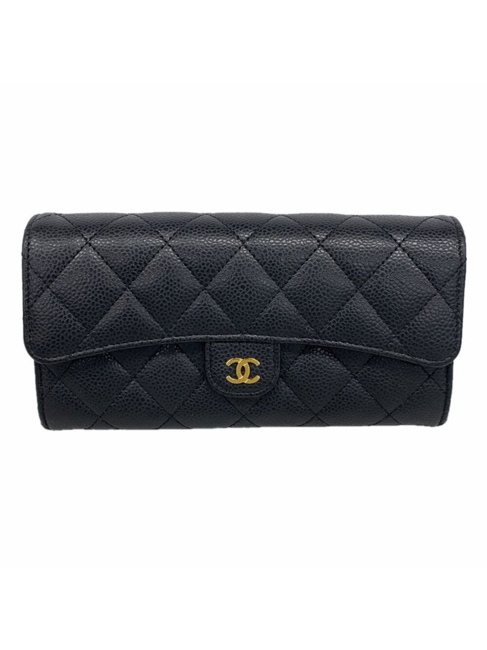 Chanel Wallet Quilted Caviar Leather Black Gold